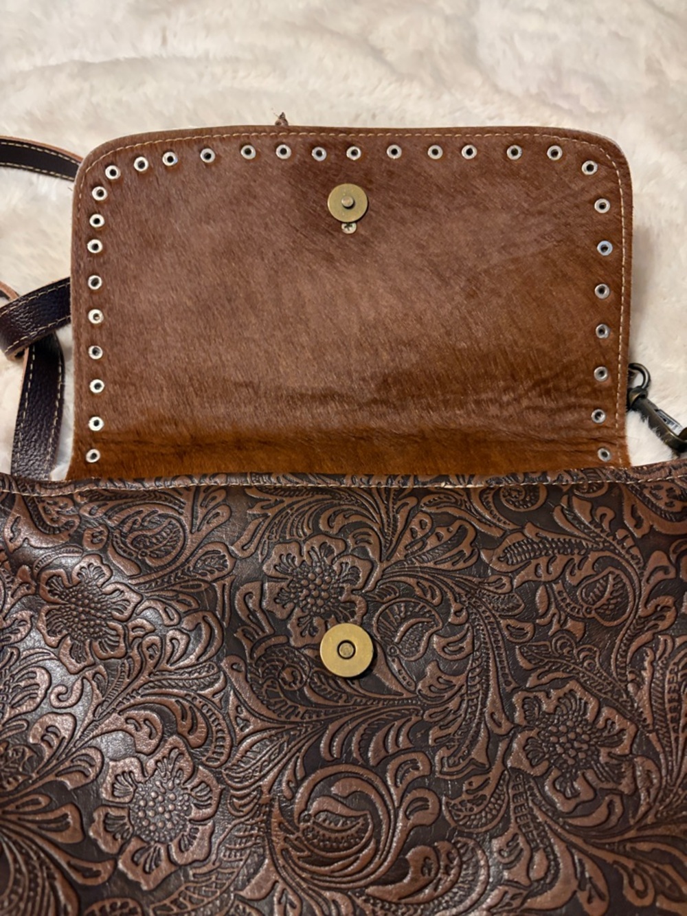 Myra Bag Craved Blossoms Leather Brown & White Hairon Cowhide Flap Crossbody - Picture 4 of 12